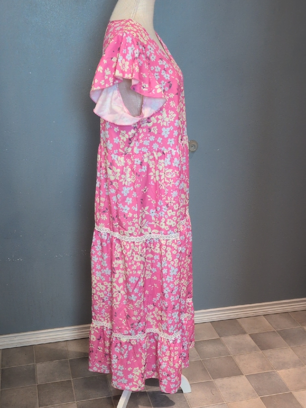 Amazon Essentials Pink Yellow Floral Vneck Mumu Long Line Maxi Dress Feminine - Picture 8 of 12